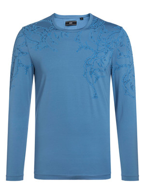 【18秋冬新款】VERRI/VERRI植絨工藝圖案,栩栩生動,圖案效果飽滿的藍色棉質(zhì)圓領(lǐng)修身款長袖T恤-男士長袖T恤