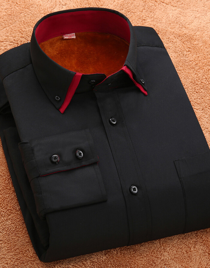 保羅 加絨加厚襯衫男男士雙層領(lǐng)長袖保暖襯衣 黑色 SL5602 42